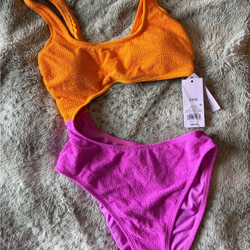 a new day Orange Top & Hot Pink Textured Bikini Bottoms